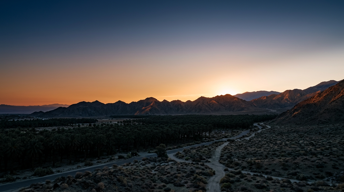 Coachella Valley desert landscape at golden hour with Santa Rosa mountains