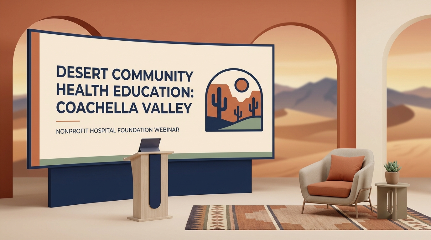 Desert community health education webinar presentation setting with warm terracotta and indigo tones